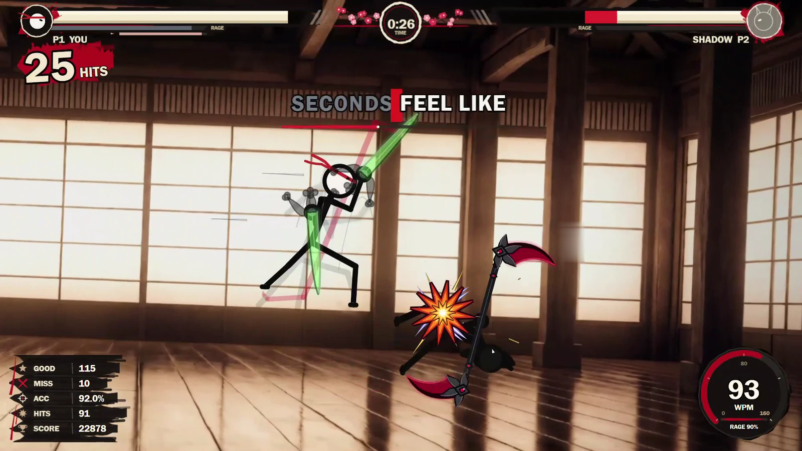 A real Typing Fight round in the dojo, with the phrase above two ink-drawn fighters.
