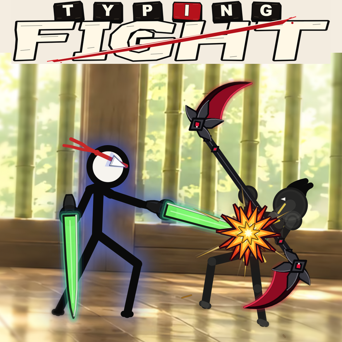 Typing Fight - two stickman fighters with blades and scythe